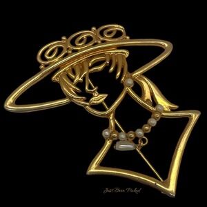 3" JJ Jonette Silhoutte Woman Pearl Brooch Pin‎